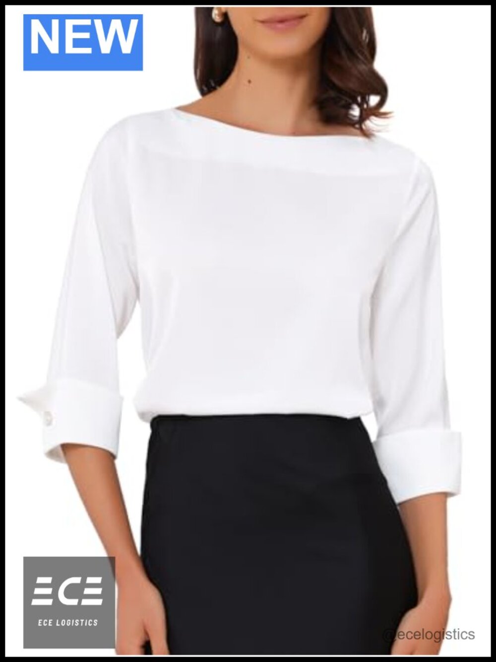 Satin Blouse for Women Boat Neck 3/4 Sleeve Business Work Shirt